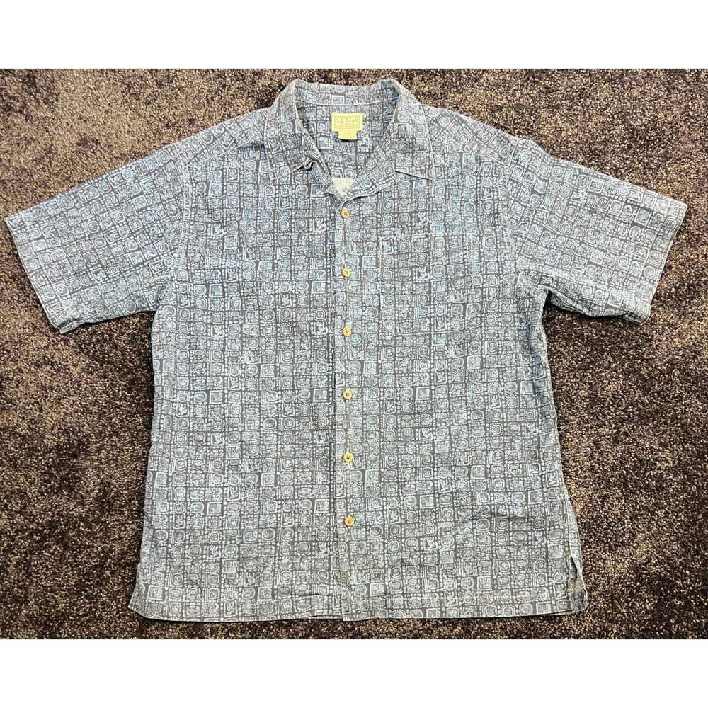 LL Bean Mens Shirt M Regular Blue Mayan Aztec Print Short Sleeve Button Up 0AVC8